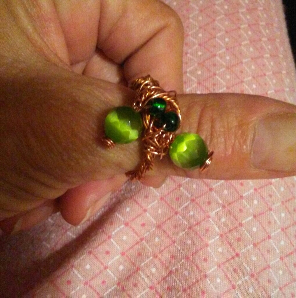 Copper Twisted Ring Green Cats Eye